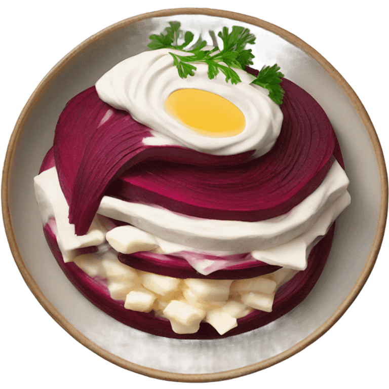 Shuba russian Layered Beet dish  with Herring and mayo emoji