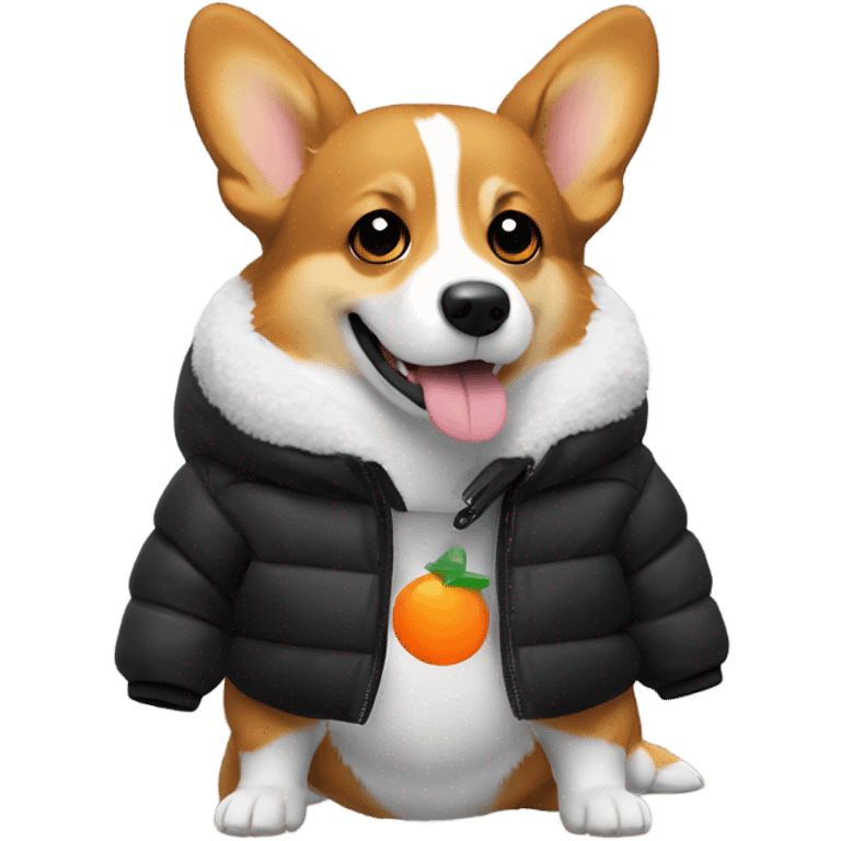 corgi wearing a black puffer jacket with a small orange square with white letters "YC" logo on the left chest emoji