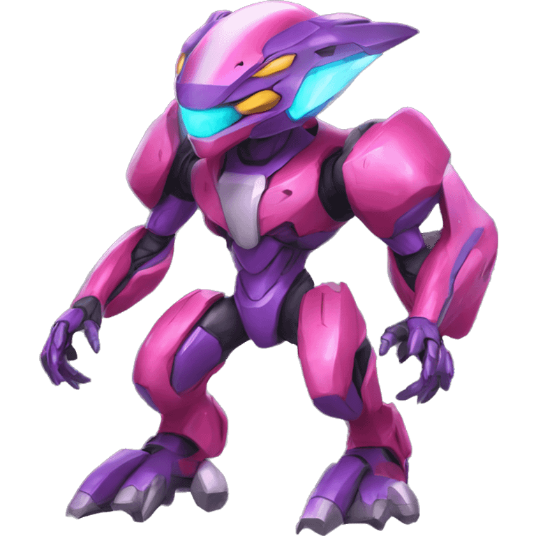 a shiny colorful Genesect-Raptor-Fakémon—hybrid with a futuristic visor-helmet full body emoji