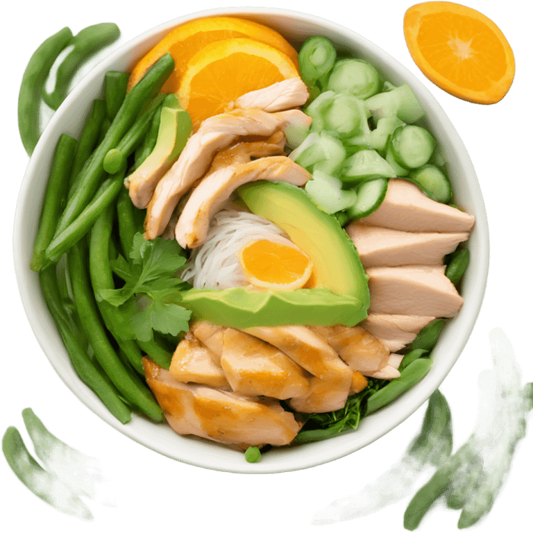 Poke bowl with chicken, avocado, orange, cucumbers and green beans; side view emoji