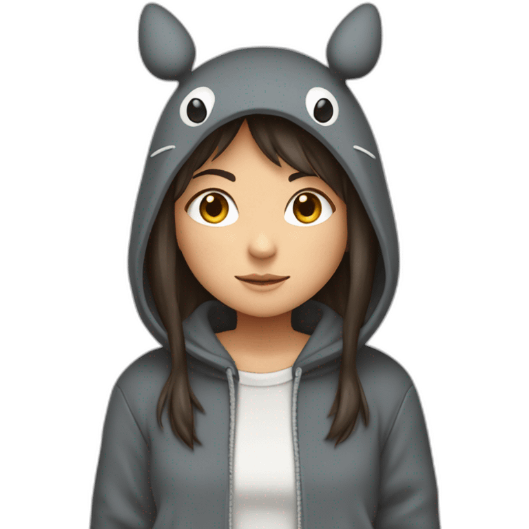 Fille Brune avec un sweat-capuche Totoro gris foncé avec les rond clair de Totoro sur ventre  emoji