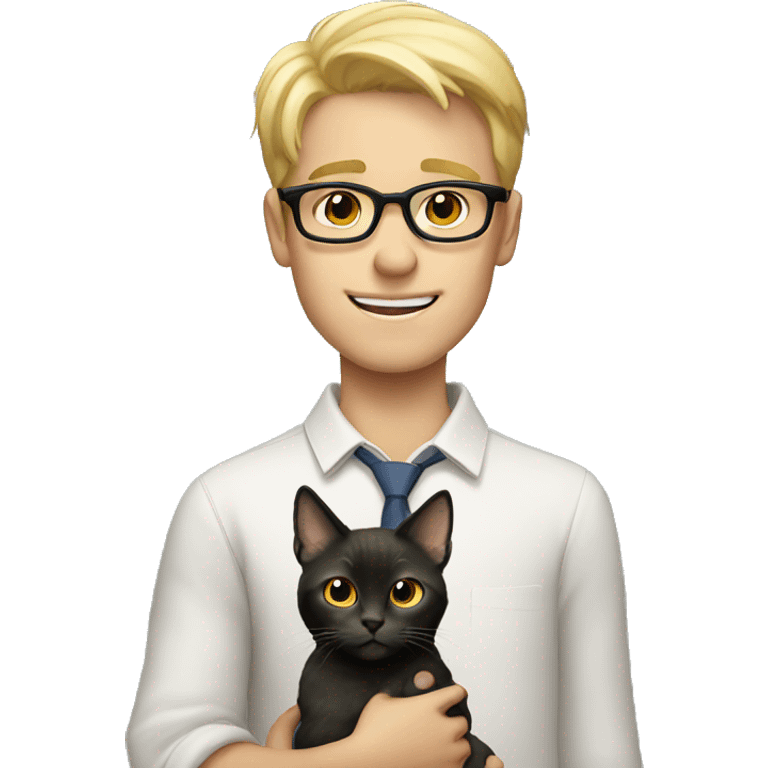 Tall blonde boy wearing glasses holding a cat with glasses emoji