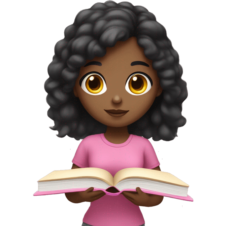 black hair girl with light skin studying with pink books  emoji