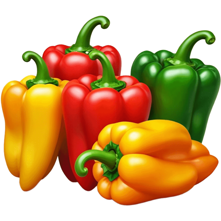 Cinematic bright colorful peppers, glossy and fresh, arranged in a vibrant mix of red, yellow, and green, warm glowing background, fresh and lively. emoji