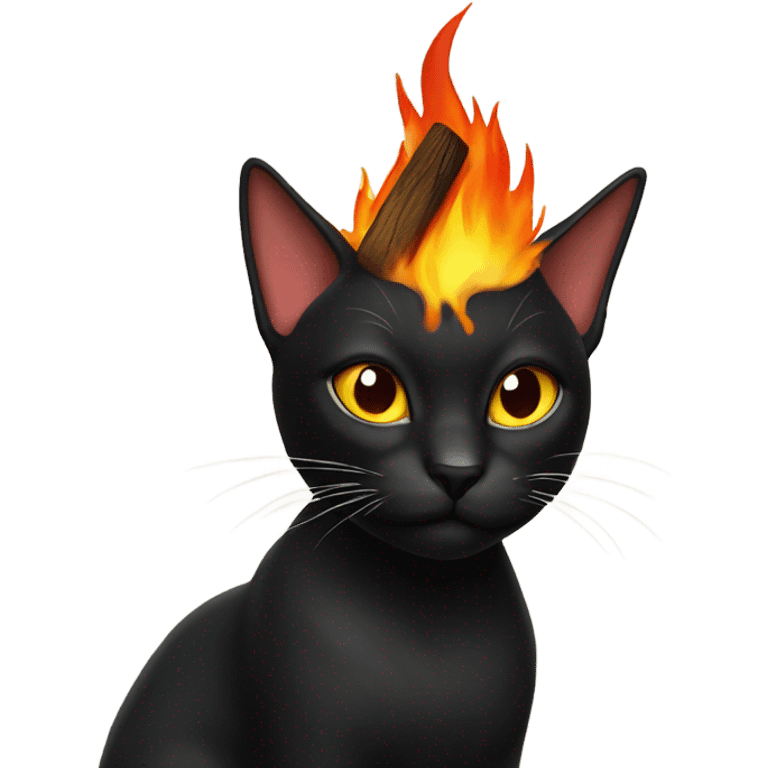 Black cat working with fire on top of her head emoji