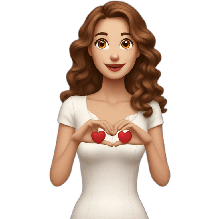 white beautiful woman, brown wavy hair, making heart by two hands, long earrings emoji