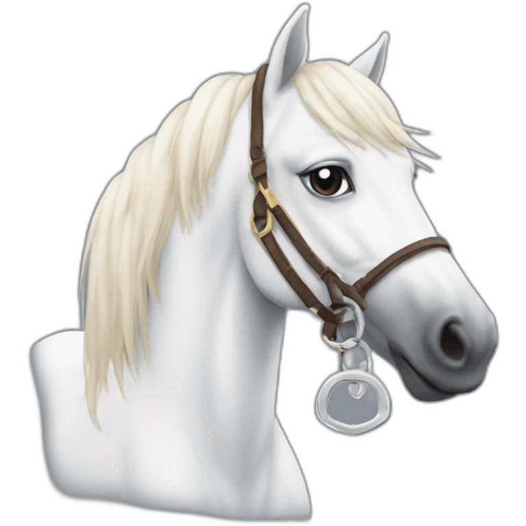 White stallion mustang wearing a key around the neck only necklace no mouth strap showing neck no lock emoji