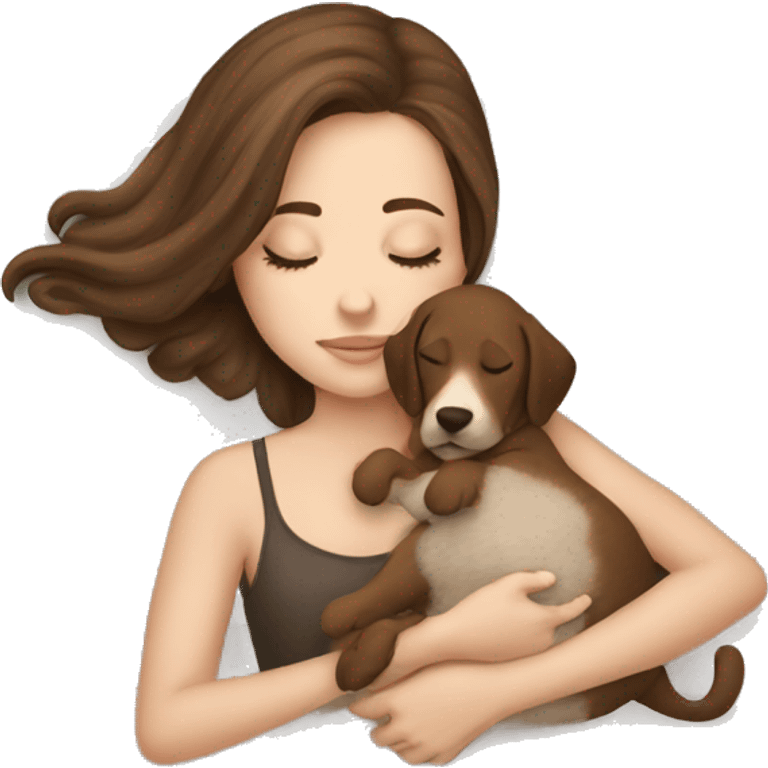 White girl brown hair sleeping with puppy emoji