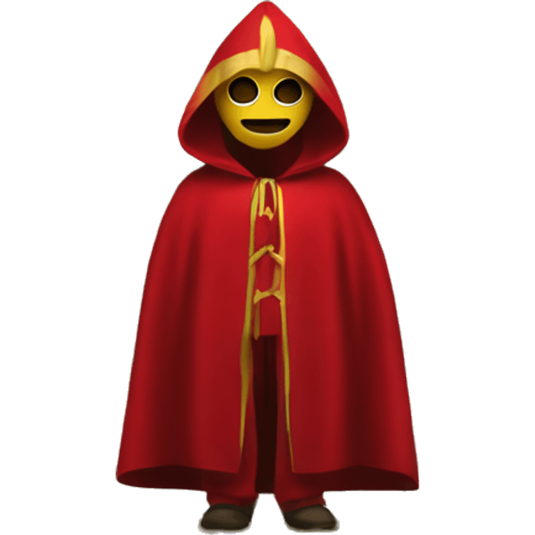 Man with red hooded robe and golden mask in forest emoji