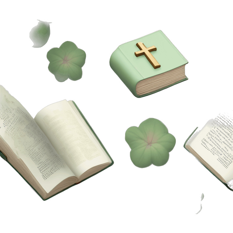 Open Light Sage green holy Bible with baby pink cross on the cover and baby pink coloured gardens coming on the cover  emoji