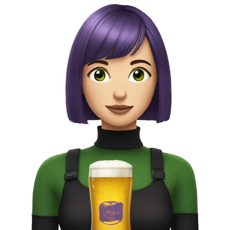 a girl with green eyes, in a black turtleneck, a dark purple bob with bangs, holds a beer emoji