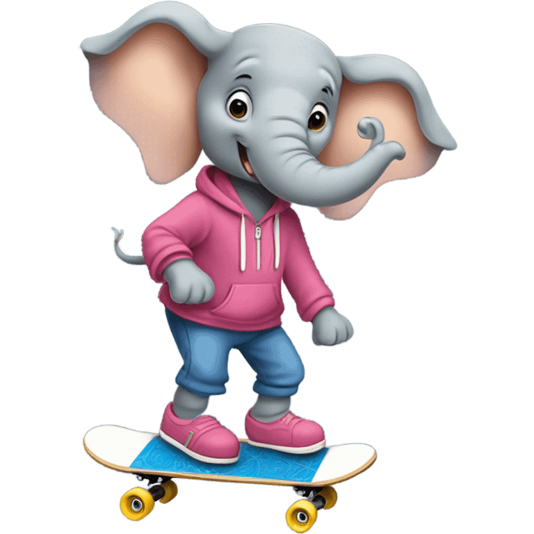 Elephant wearing a hoodie riding a skateboard ￼ emoji