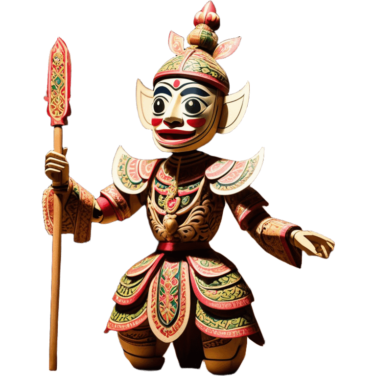 Golek Ayun-ayun – Cinematic Realistic Wayang Golek Ayun-ayun, depicted as an intricately carved traditional wooden puppet with vibrant painted details and expressive features, set on a dimly lit stage with dramatic shadows that evoke centuries of Indonesian theatrical heritage, rendered with lifelike textures and subtle ambient glow. emoji