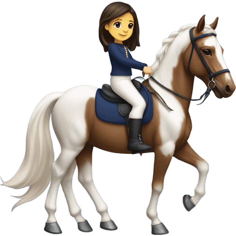 White little girl with dark hair riding Arabian horse brown wearing white top and navy blue bottom and white boots emoji