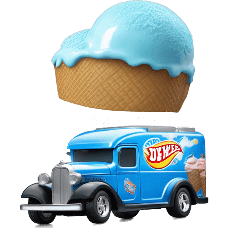 Hot wheels style, ice cream truck from 1934 with wide chrome mag wheels, blue, no ice cream on top of truck, open selling window.  emoji