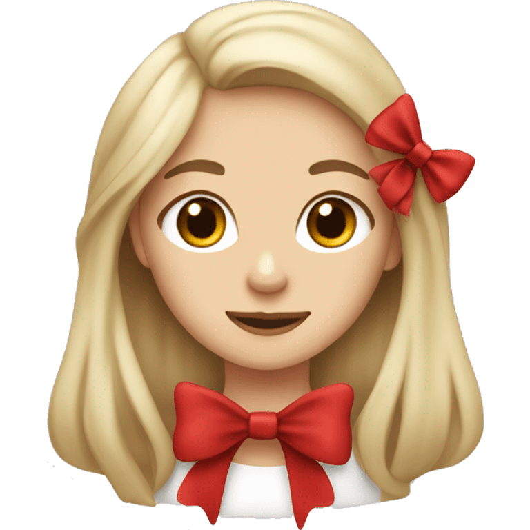 Ash blonde girl with long hair and brown eyes with a yorkshire dog which has a red bow on head emoji