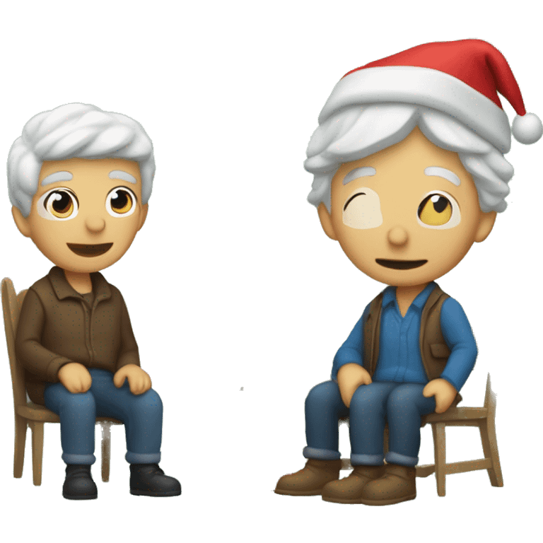 Two men with bears and caps sitting next to a Christmas tree. An old woman with a walker next to them emoji