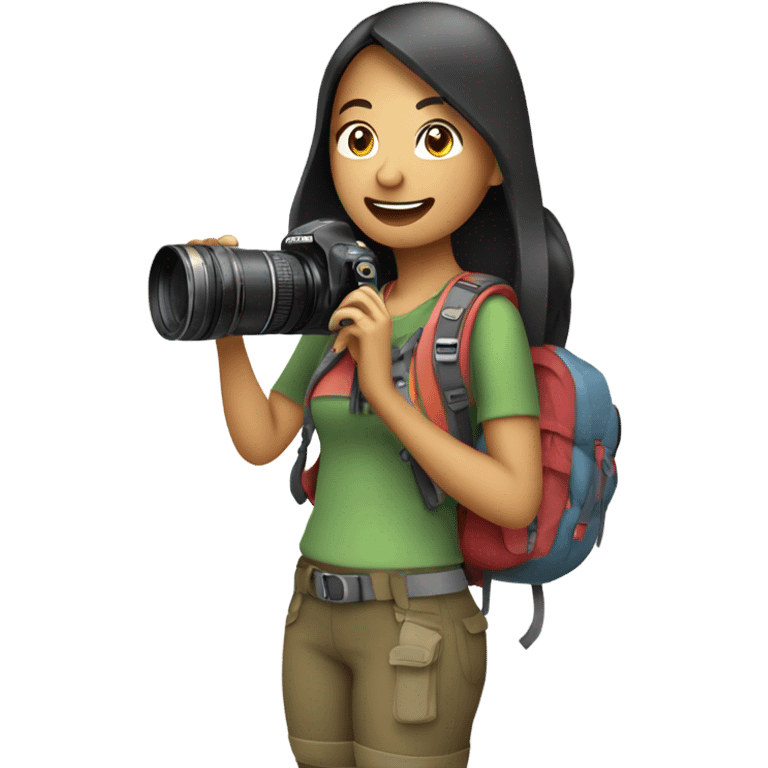 Cute filipina woman with backpack holding camera while hiking emoji