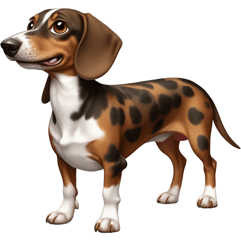 Brown and white spotted dachshund with a snaggle tooth emoji