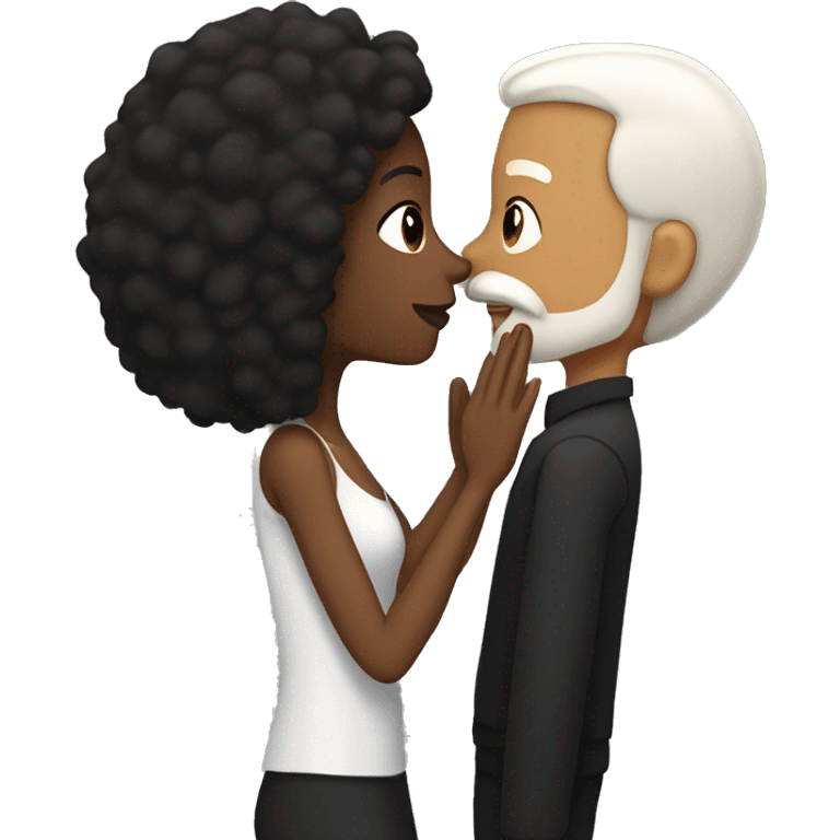 Black girl with long black straight hair and earrings kissing bearded white man with short dark hair  emoji