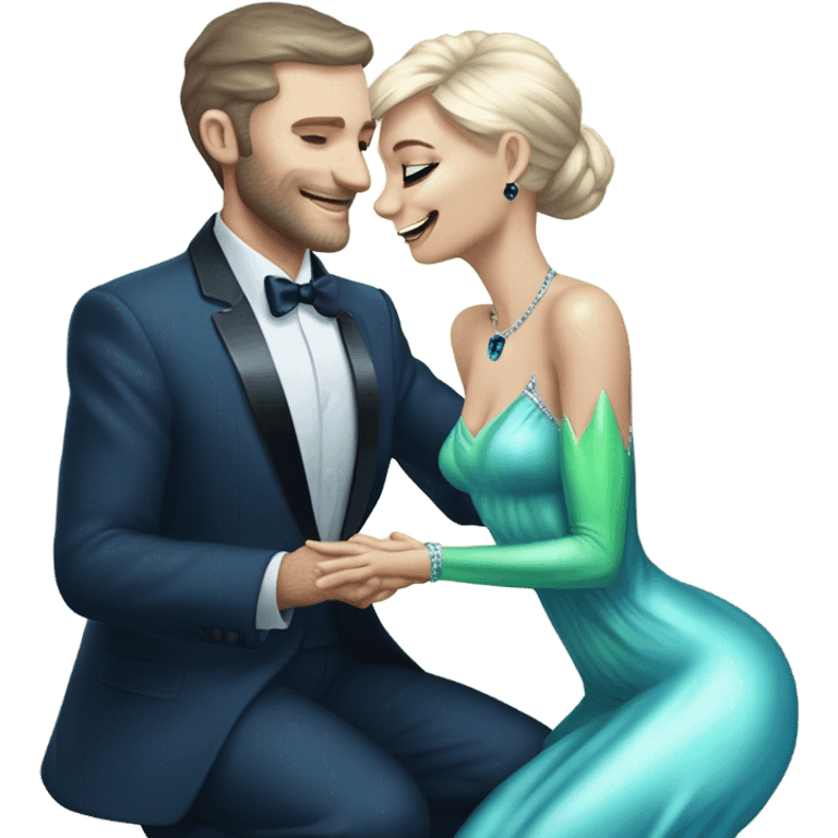 alien reptilian green skin woman, in long slim pastel blue formal party satin dress with gradient shiny sparkling navy blue diamonds embroidered , and caucasian man in black dres on his knees asks her to marry her emoji