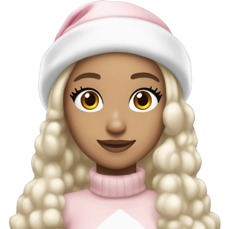 Ariana grande in a light pink christmas outfit wearing a light pink and white christmas hat with short light cold blonde hair emoji