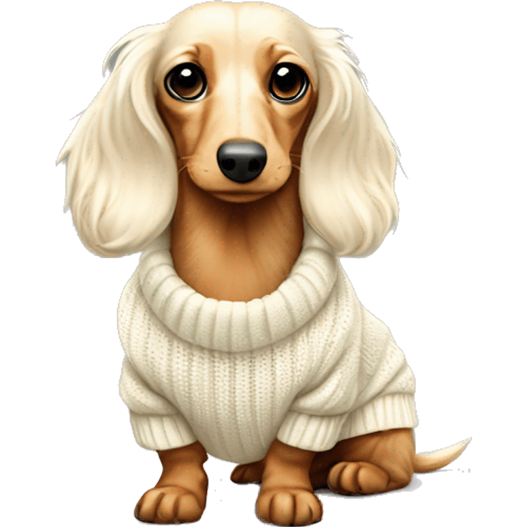 cream white colors long haired dachshund in sweater full body emoji