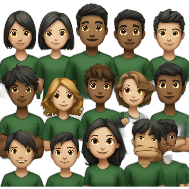 student club of 7 members (3 boys and 4 girls) with dark green shirt emoji