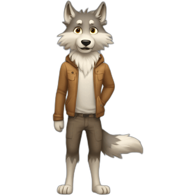 a full body furry anthropomorphic wolf with only hair saying hello emoji