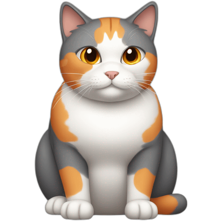 darkgray, white, and orange cat with a fat belly emoji