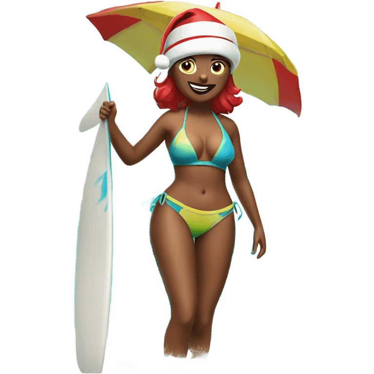 Santa at the beach with a swim top for women on a surf board emoji