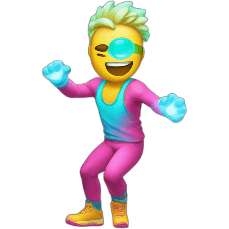 Fit, playful emoji-man with vivid neon glow, exuding a cheerful aura, and strong, lively posture.”  emoji