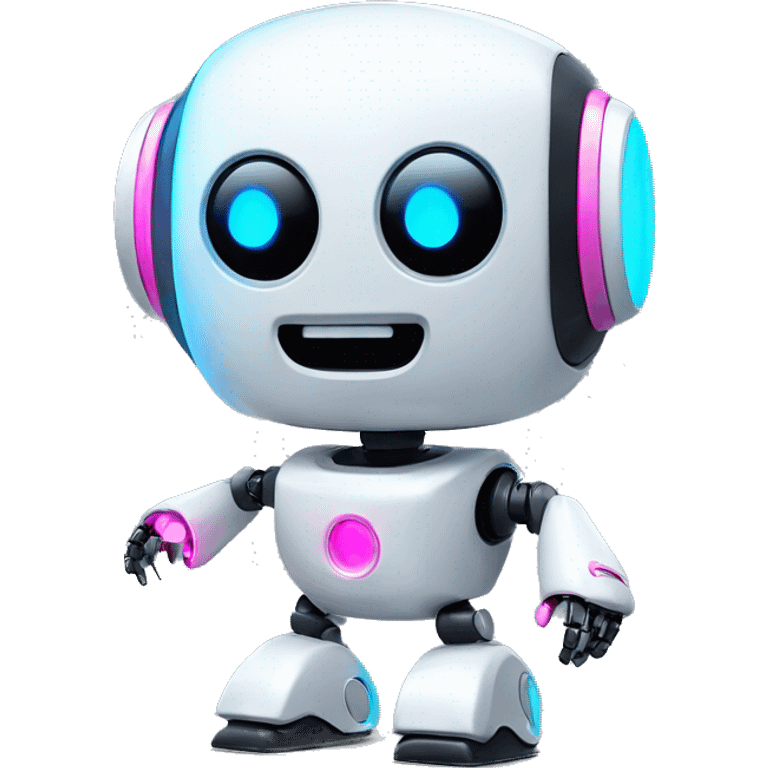 Design a cute, modern robot mascot with a white rounded body, neon blue and pink accents, and an expressive black screen face with LED eyes and a smile.

 emoji