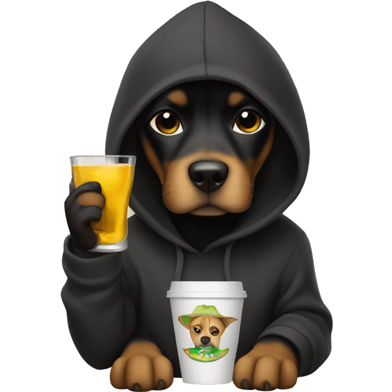 Dog wearing a black hoodie holding a cup and a tequila bottle emoji