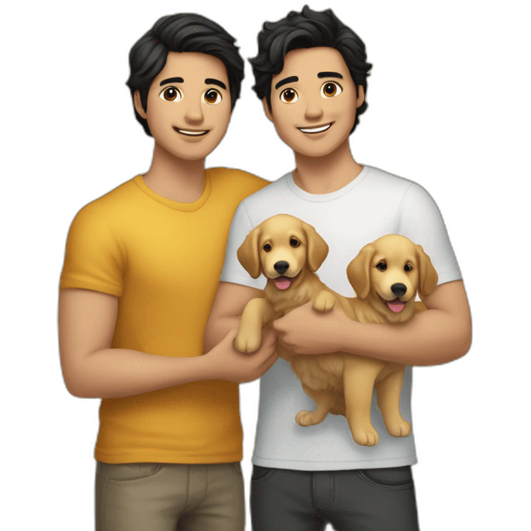 gay-couple,-1-guy-straight-black-hair-and-1-australian-white-guy-with-blackhair-slightly-curly-holding-a-golden retriever puppy emoji