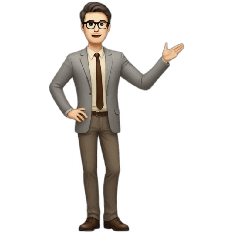 Full height Actively gesturing with hands Pale skinned fit man with dark brown hair in gray jacket, beige office shirt, brown tie, brown pants and vintage glasses. emoji