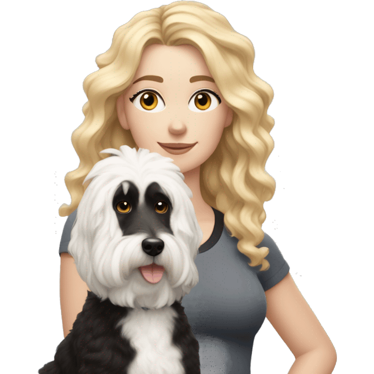 white woman with long blonde hair and cat shaped eyes wearing a yoga outfit standing alongside a black and white colored bernadoodle dog emoji