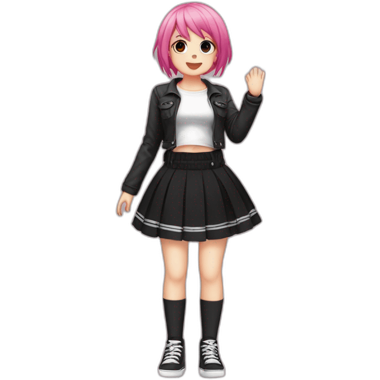 Full body Front view curvy emo girl pink hair sits on the floor straight view hands up black skirt полосатые рваные чулки emoji