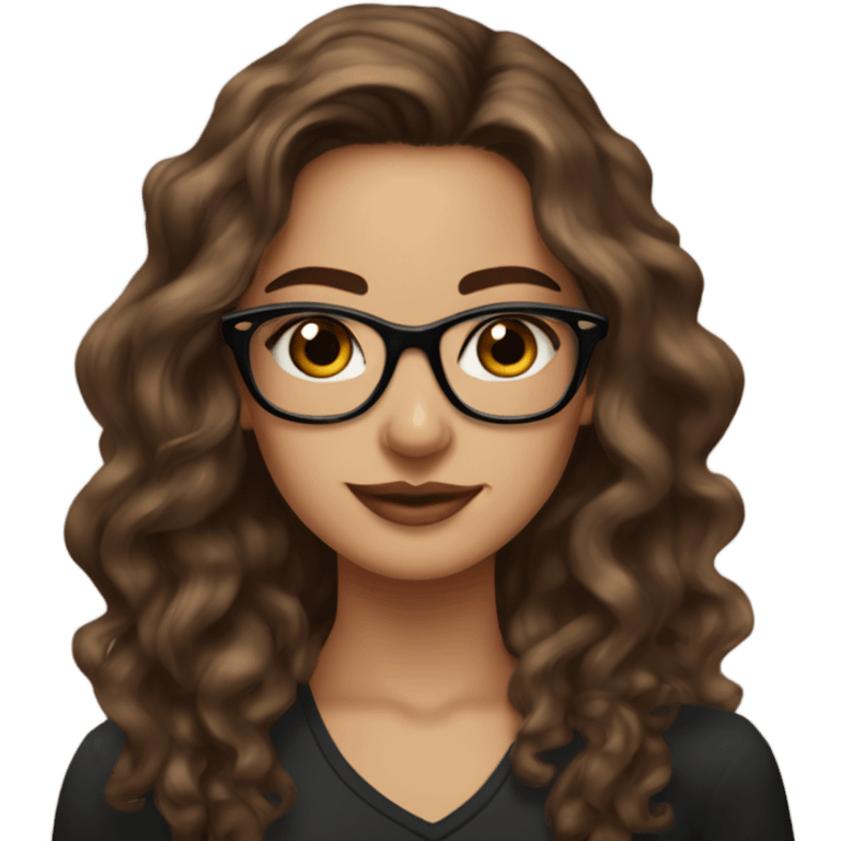 beautiful mid twenties young lady with long brown wavy hair and pretty brown eyes with black glasses and tattoos on her body  emoji