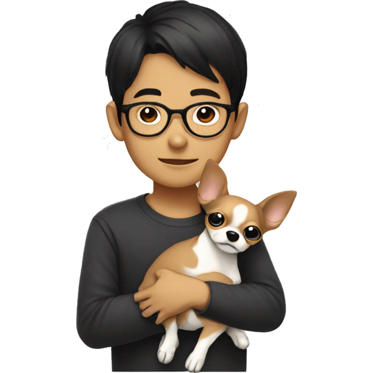 Asian Boy with glasses hugging chihuahua emoji