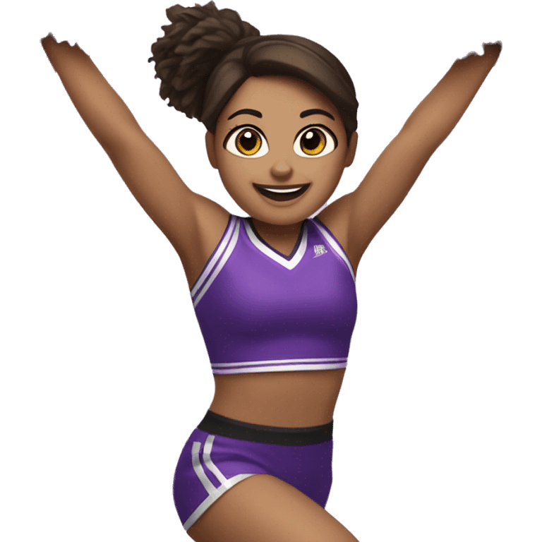 Caucasian cheerleader with dark brown hair, jumping and holding up two purple Pom poms emoji