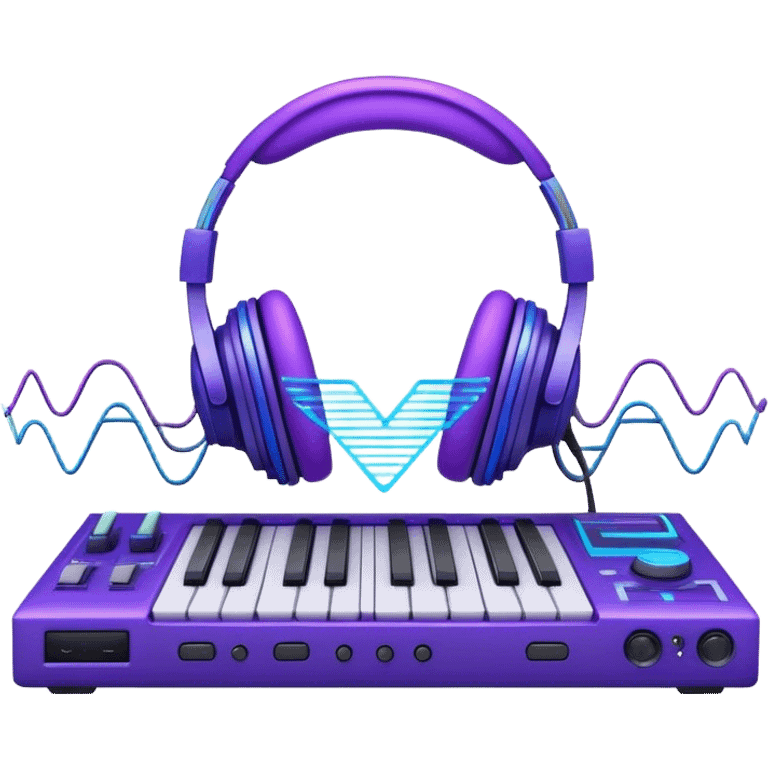 Create a creative and technical emoji that represents sound design. The design should feature a soundwave, a pair of studio headphones, and an audio synthesizer or soundboard to symbolize the manipulation and creation of unique soundscapes. Add subtle elements like audio cables, a mixing console, or a waveform to reflect the technical aspect of sound design. Use vibrant, futuristic colors like neon blue, purple, and green to represent innovation and creativity in sound. The background should be transparent. emoji