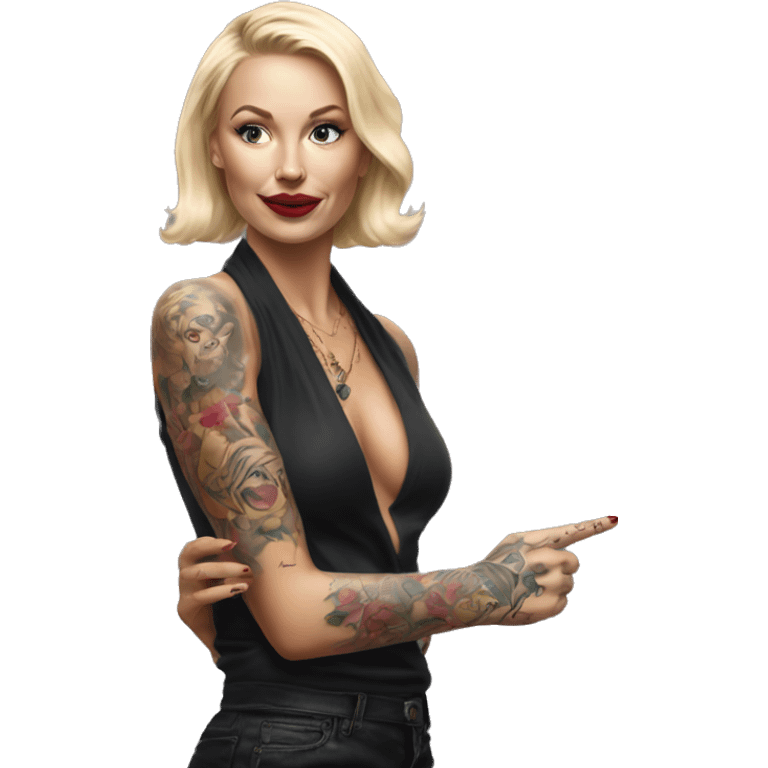 Blonde elegant women, her body covered with tattoos, wine in her one hand, pointing on you with her other hand , Hyper realistic emoji