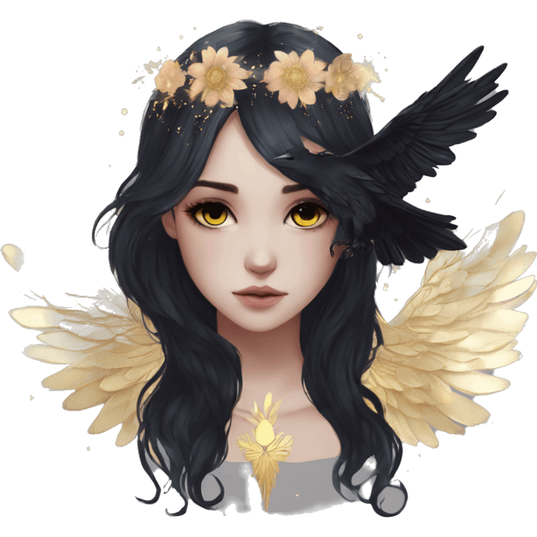 Black Raven wings bohemian Ethereal galaxy constellation girl angel raven wings black wings, gold arrow, nebula, flower crown emoji