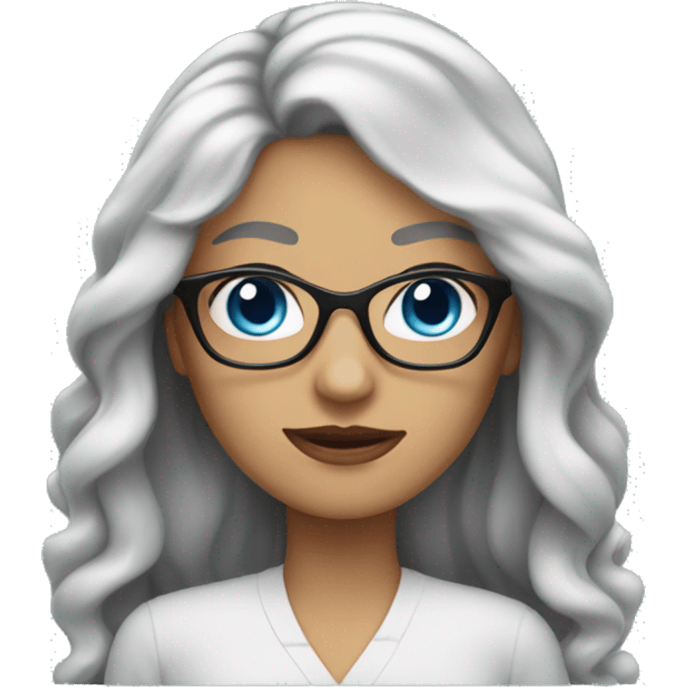 woman with black wavy long hair and blue eyes with glasses emoji