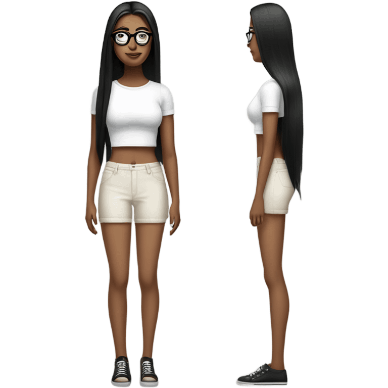 White girl with long straight black hair wearing a white crop top and glasses full body emoji