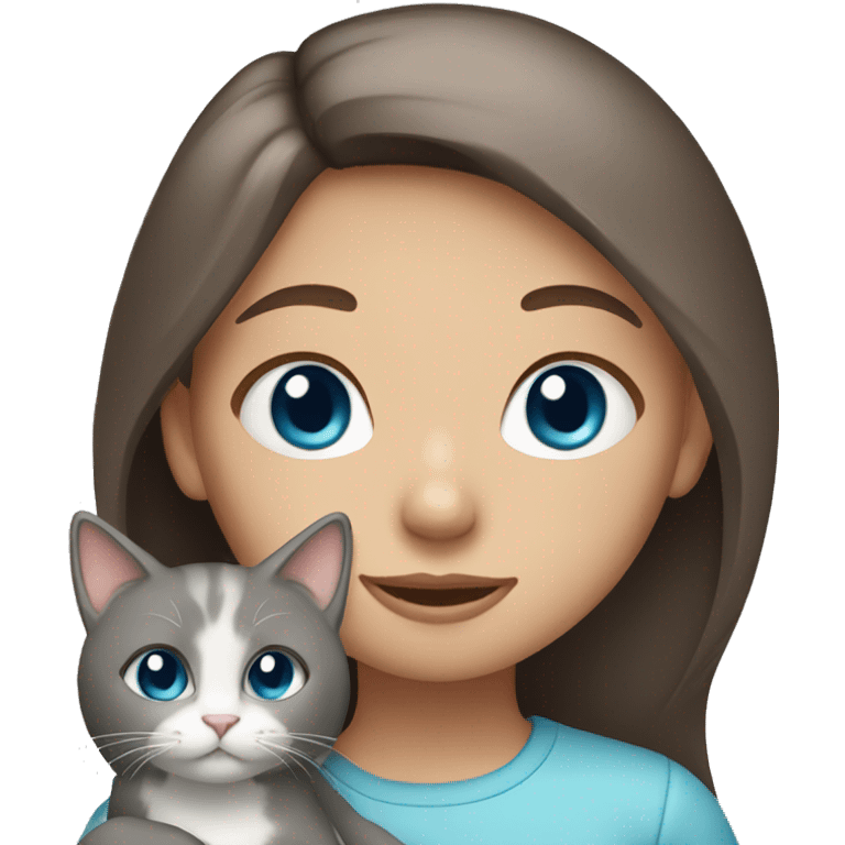 Girl with long brown hair and blue eyes holding a gray cat emoji