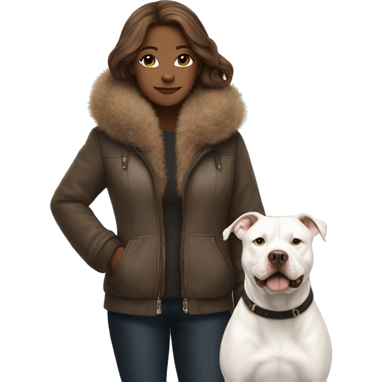 white woman with long brown hair in a furry jacket standing alongside a white pitbull emoji