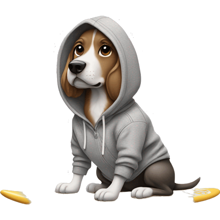 Dog with a hoodie and gray sweatpants with crocs on a surfboard emoji