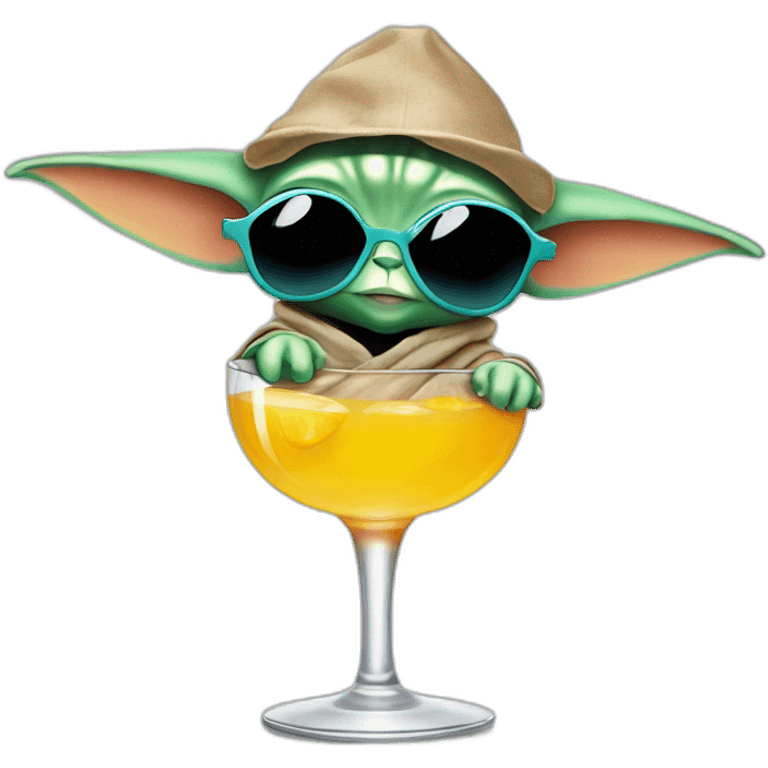 baby Yoda wearing sunglasses and drinking an umbrella cocktail emoji